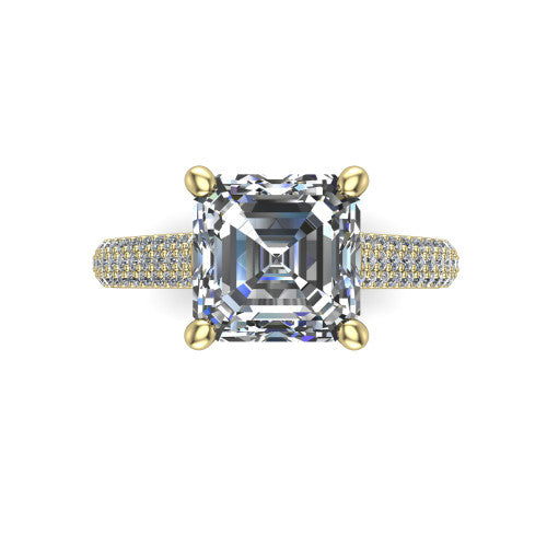 Izabella square emerald solitaire engagement ring in 14K Yellow Gold, top-down view showing the step-cut square emerald center diamond above the micropave band