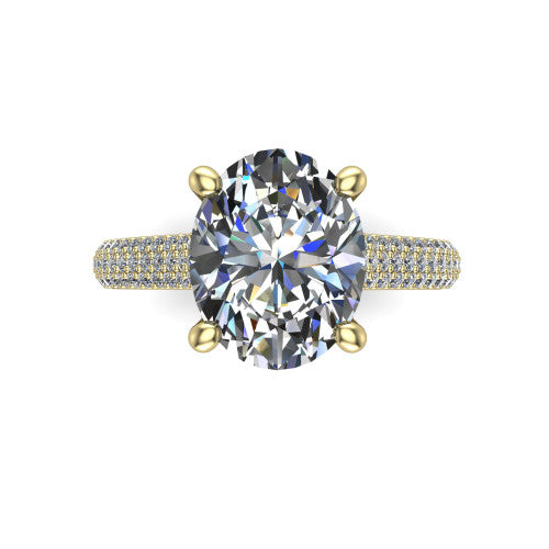 Izabella oval solitaire engagement ring in 14K Yellow Gold, top-down view showing the brilliant oval center diamond above the micropave band