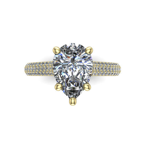 Izabella pear solitaire engagement ring in 18K Yellow Gold, top-down view showing the brilliant pear-cut center diamond above the micropave band