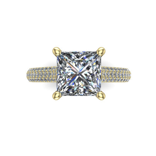 Izabella princess solitaire engagement ring in 18K Yellow Gold, top-down view showing the brilliant princess-cut center diamond above the micropave band