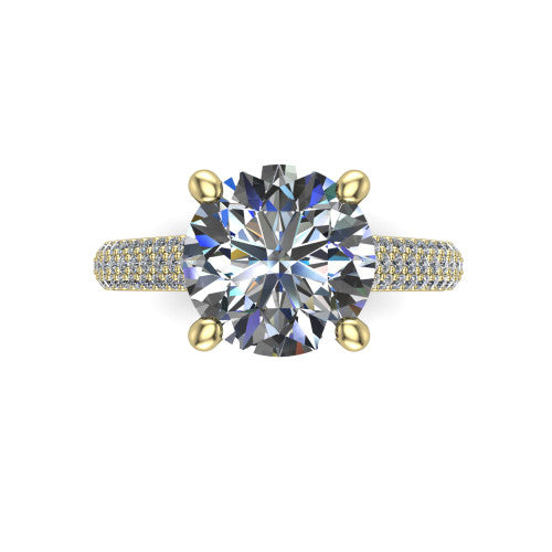 Izabella round solitaire engagement ring in 14K Yellow Gold, top-down view showing the brilliant round center diamond above the micropave band