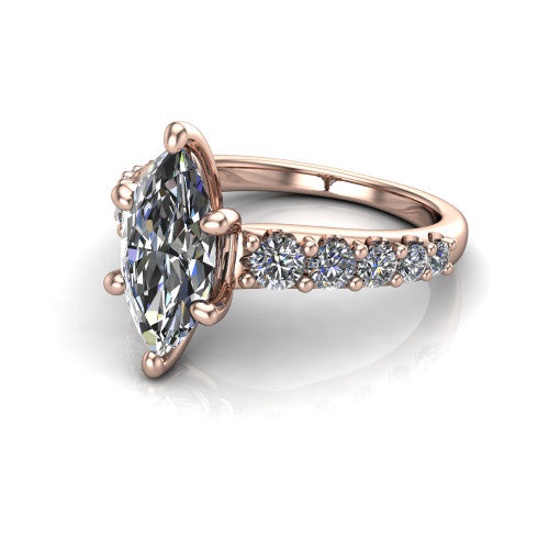 Nina marquise solitaire engagement ring in 18K Rose Gold, three-quarter perspective showing the brilliant marquise center diamond on a pave-accent shank with a hidden under-halo beneath the center stone