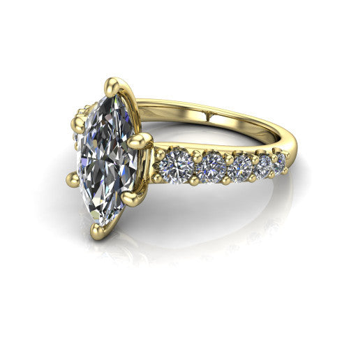 Nina marquise solitaire engagement ring in 18K Yellow Gold, three-quarter perspective showing the brilliant marquise center diamond on a pave-accent shank with a hidden under-halo beneath the center stone