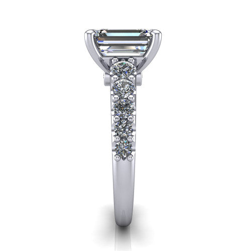 Nina emerald solitaire engagement ring in 14K White Gold, side profile showing the hidden under-halo beneath the center stone and pave diamonds along the shoulders