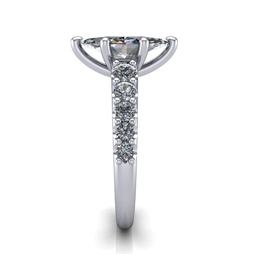 Nina marquise solitaire engagement ring in 18K White Gold, side profile showing the hidden under-halo beneath the center stone and pave diamonds along the shoulders