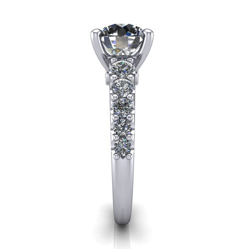 Nina round solitaire engagement ring in 14K White Gold, side profile showing the hidden under-halo beneath the center stone and pave diamonds along the shoulders