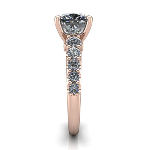 Nina cushion solitaire engagement ring in 18K Rose Gold, side profile showing the hidden under-halo beneath the center stone and pave diamonds along the shoulders
