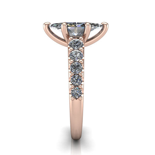Nina marquise solitaire engagement ring in 18K Rose Gold, side profile showing the hidden under-halo beneath the center stone and pave diamonds along the shoulders