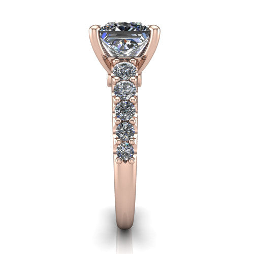 Nina princess solitaire engagement ring in 18K Rose Gold, side profile showing the hidden under-halo beneath the center stone and pave diamonds along the shoulders