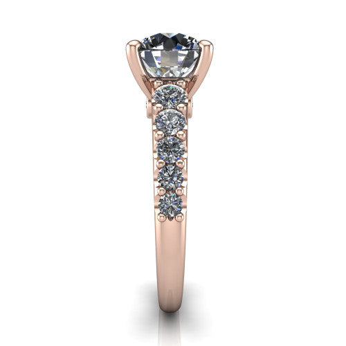 Nina round solitaire engagement ring in 14K Rose Gold, side profile showing the hidden under-halo beneath the center stone and pave diamonds along the shoulders