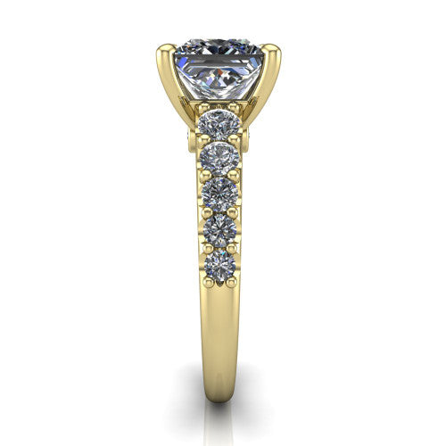 Nina princess solitaire engagement ring in 14K Yellow Gold, side profile showing the hidden under-halo beneath the center stone and pave diamonds along the shoulders