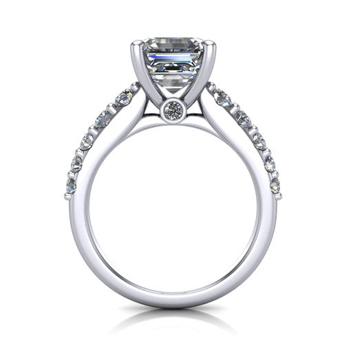 Nina square emerald solitaire engagement ring in 14K White Gold, through-finger front profile showing the hidden under-halo and open under-gallery