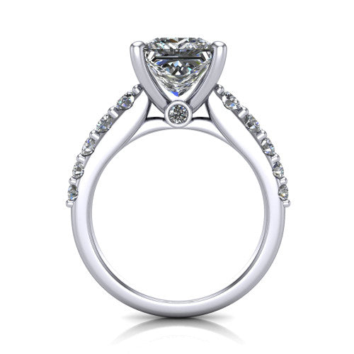 Nina princess solitaire engagement ring in Platinum, through-finger front profile showing the hidden under-halo and open under-gallery