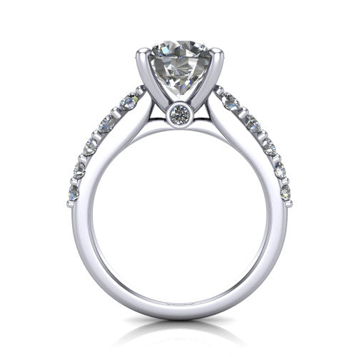 Nina round solitaire engagement ring in Platinum, through-finger front profile showing the hidden under-halo and open under-gallery