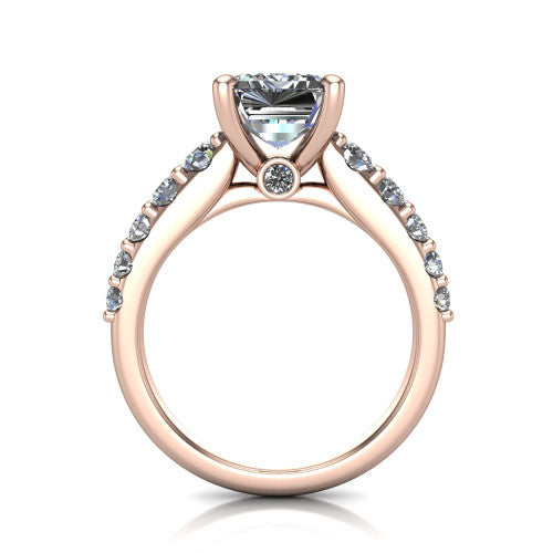 Nina emerald solitaire engagement ring in 18K Rose Gold, through-finger front profile showing the hidden under-halo and open under-gallery