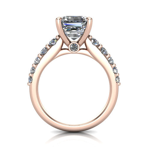 Nina square emerald solitaire engagement ring in 18K Rose Gold, through-finger front profile showing the hidden under-halo and open under-gallery