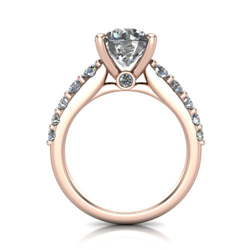 Nina round solitaire engagement ring in 18K Rose Gold, through-finger front profile showing the hidden under-halo and open under-gallery