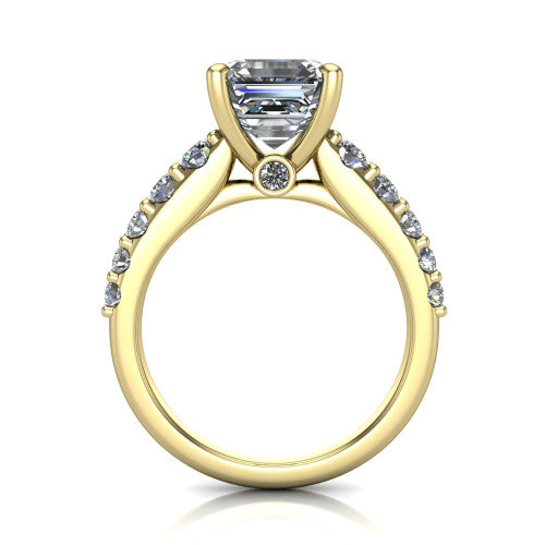 Nina square emerald solitaire engagement ring in 18K Yellow Gold, through-finger front profile showing the hidden under-halo and open under-gallery