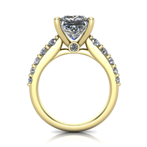 Nina princess solitaire engagement ring in 18K Yellow Gold, through-finger front profile showing the hidden under-halo and open under-gallery