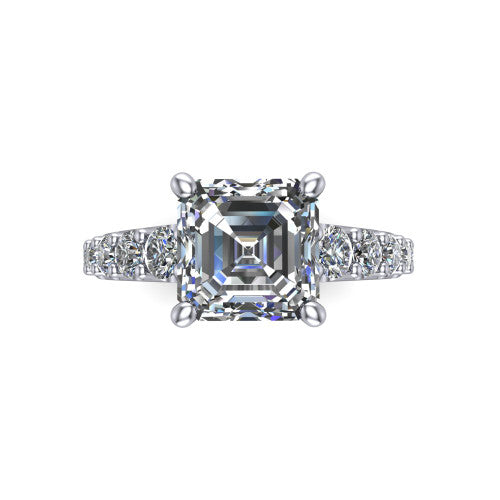 Nina square emerald solitaire engagement ring in 14K White Gold, top-down view showing the step-cut square emerald center diamond held by four prongs above the pave shoulder accents