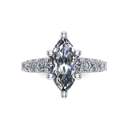 Nina marquise solitaire engagement ring in 18K White Gold, top-down view showing the brilliant marquise center diamond held by four prongs above the pave shoulder accents