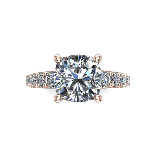 Nina cushion solitaire engagement ring in 18K Rose Gold, top-down view showing the brilliant cushion-cut center diamond held by four prongs above the pave shoulder accents