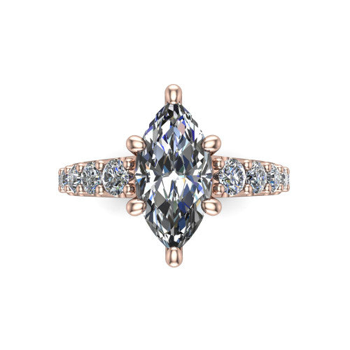 Nina marquise solitaire engagement ring in 18K Rose Gold, top-down view showing the brilliant marquise center diamond held by four prongs above the pave shoulder accents