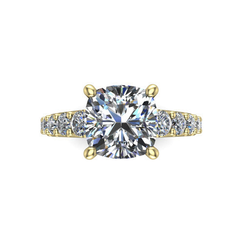 Nina cushion solitaire engagement ring in 14K Yellow Gold, top-down view showing the brilliant cushion-cut center diamond held by four prongs above the pave shoulder accents