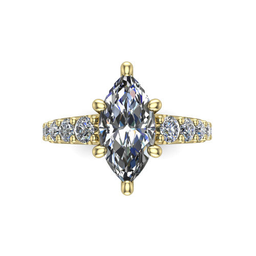 Nina marquise solitaire engagement ring in 14K Yellow Gold, top-down view showing the brilliant marquise center diamond held by four prongs above the pave shoulder accents