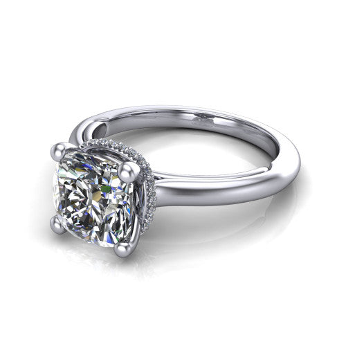 Jocelyn cushion hidden halo engagement ring in 18K White Gold, three-quarter perspective showing the cushion center diamond above a polished band