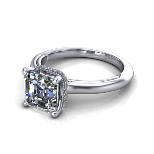 Jocelyn square emerald hidden halo engagement ring in 14K White Gold, three-quarter perspective showing the square emerald center diamond above a polished band