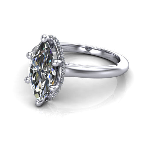 Jocelyn marquise hidden halo engagement ring in Platinum, three-quarter perspective showing the marquise center diamond above a polished band
