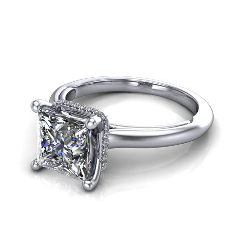 Jocelyn princess hidden halo engagement ring in 18K White Gold, three-quarter perspective showing the princess center diamond above a polished band
