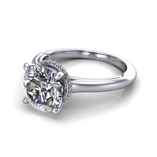 Jocelyn round hidden halo engagement ring in Platinum, three-quarter perspective showing the round center diamond above a polished band