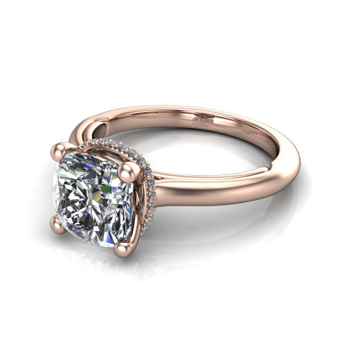 Jocelyn cushion hidden halo engagement ring in 18K Rose Gold, three-quarter perspective showing the cushion center diamond above a polished band