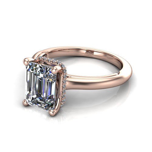 Jocelyn emerald hidden halo engagement ring in 14K Rose Gold, three-quarter perspective showing the emerald center diamond above a polished band