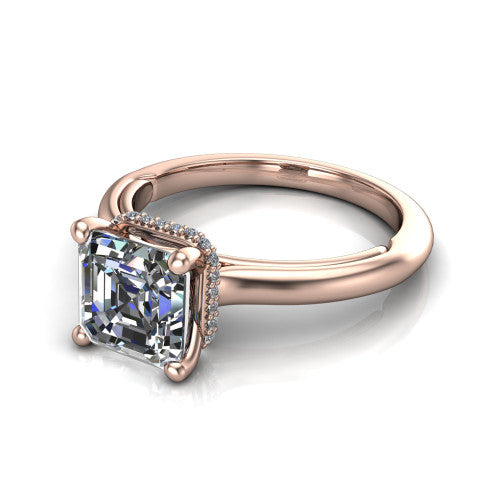Jocelyn square emerald hidden halo engagement ring in 18K Rose Gold, three-quarter perspective showing the square emerald center diamond above a polished band