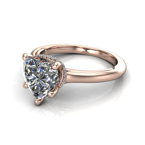 Jocelyn heart hidden halo engagement ring in 14K Rose Gold, three-quarter perspective showing the heart center diamond above a polished band