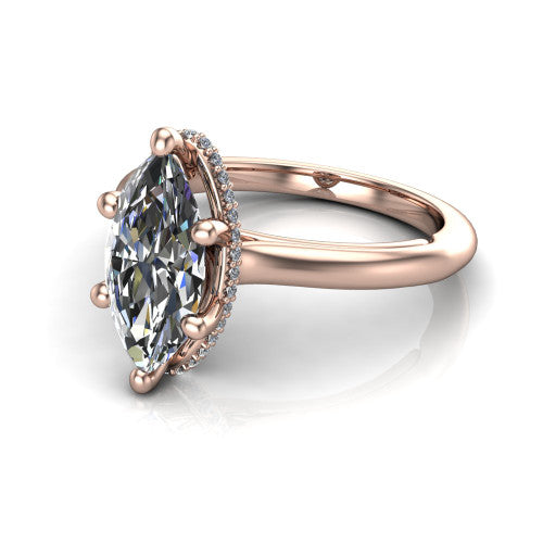 Jocelyn marquise hidden halo engagement ring in 14K Rose Gold, three-quarter perspective showing the marquise center diamond above a polished band