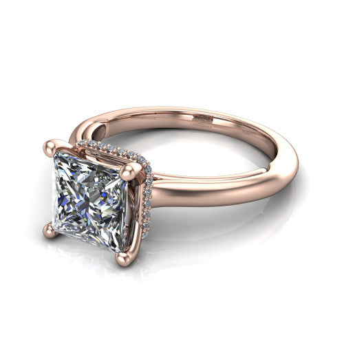 Jocelyn princess hidden halo engagement ring in 14K Rose Gold, three-quarter perspective showing the princess center diamond above a polished band