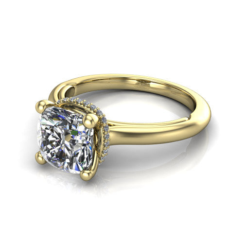 Jocelyn cushion hidden halo engagement ring in 14K Yellow Gold, three-quarter perspective showing the cushion center diamond above a polished band