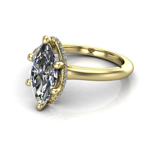 Jocelyn marquise hidden halo engagement ring in 18K Yellow Gold, three-quarter perspective showing the marquise center diamond above a polished band