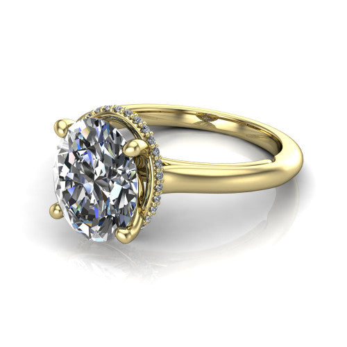 Jocelyn oval hidden halo engagement ring in 14K Yellow Gold, three-quarter perspective showing the oval center diamond above a polished band