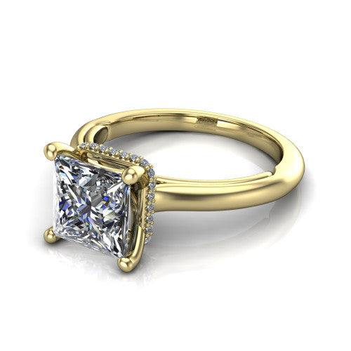 Jocelyn princess hidden halo engagement ring in 18K Yellow Gold, three-quarter perspective showing the princess center diamond above a polished band