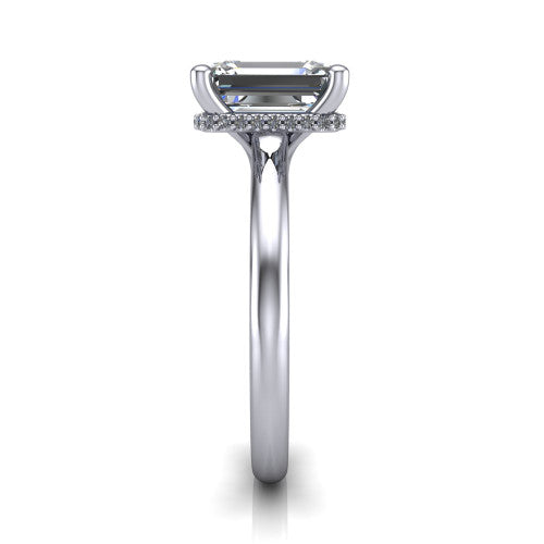 Jocelyn emerald hidden halo engagement ring in 14K White Gold, side profile showing the hidden halo beneath the basket