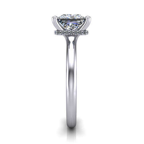 Jocelyn princess hidden halo engagement ring in 18K White Gold, side profile showing the hidden halo beneath the basket