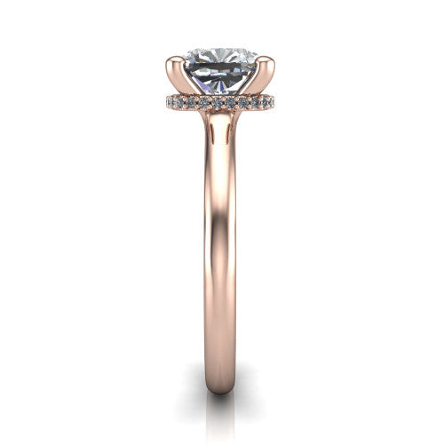 Jocelyn cushion hidden halo engagement ring in 14K Rose Gold, side profile showing the hidden halo beneath the basket
