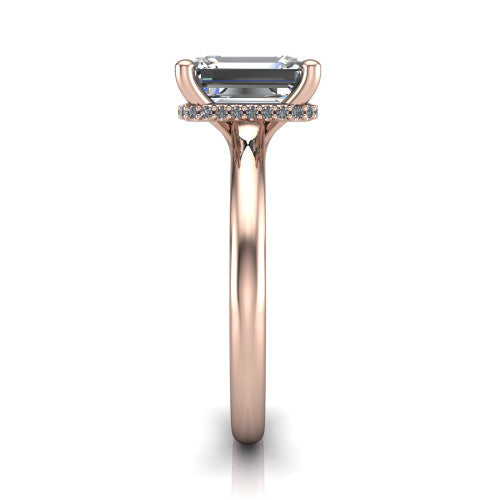Jocelyn emerald hidden halo engagement ring in 14K Rose Gold, side profile showing the hidden halo beneath the basket