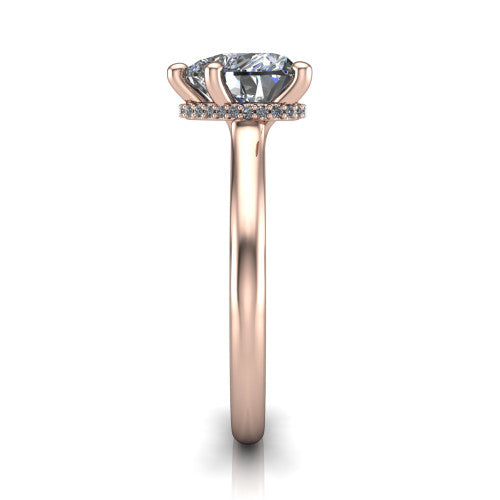 Jocelyn heart hidden halo engagement ring in 18K Rose Gold, side profile showing the hidden halo beneath the basket