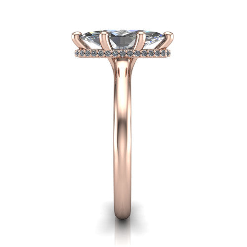 Jocelyn marquise hidden halo engagement ring in 18K Rose Gold, side profile showing the hidden halo beneath the basket
